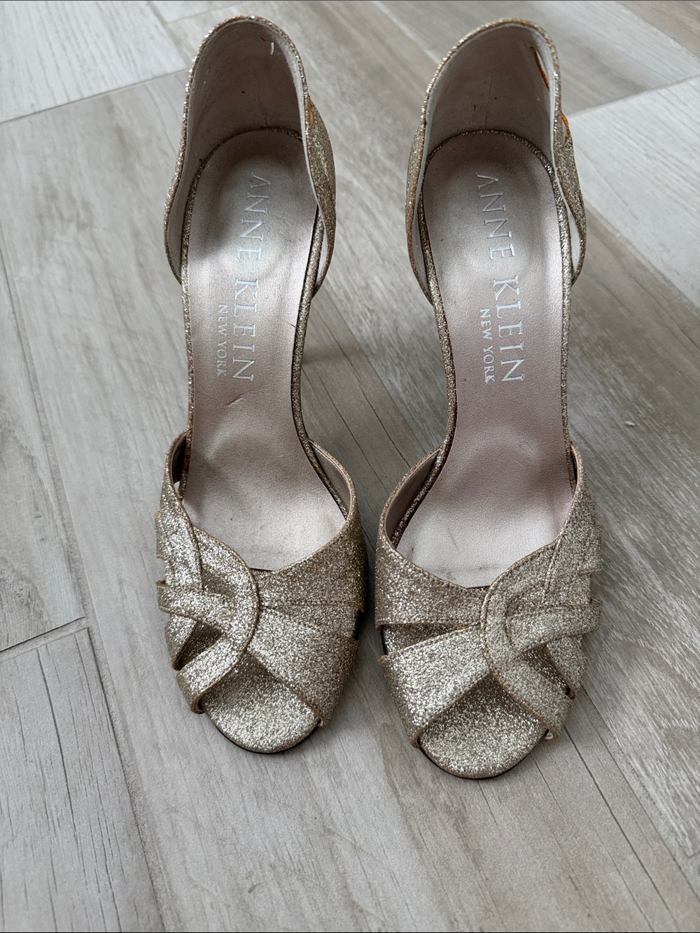 Vintage Anne Klein Glitter Gold Peep-Toe Heels